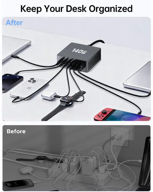 Alt view image 6 of 7 - USB C Charging Station, 140W GaN III 7 Port Fast Charger Station, PD 3.0 USB Charging Station for Multiple Devices, Multiple USB C Charger Station for iPad iPhone Samsung Android (2 Pack, Black)