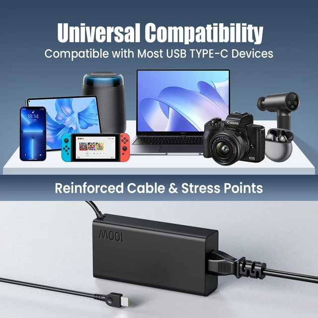 Alt view image 5 of 7 - 100W USB C Charger for Lenovo ThinkPad X1 Carbon T14 T14s E14 Yoga 7i 9i, HP Spectre x360 Envy x360 EliteBook 840 - Slim Type C PD 100W Power Adapter