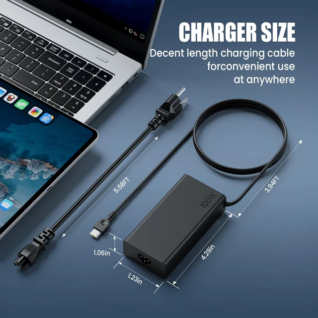 Alt view image 7 of 7 - 100W USB C Charger for Lenovo ThinkPad X1 Carbon T14 T14s E14 Yoga 7i 9i, HP Spectre x360 Envy x360 EliteBook 840 - Slim Type C PD 100W Power Adapter
