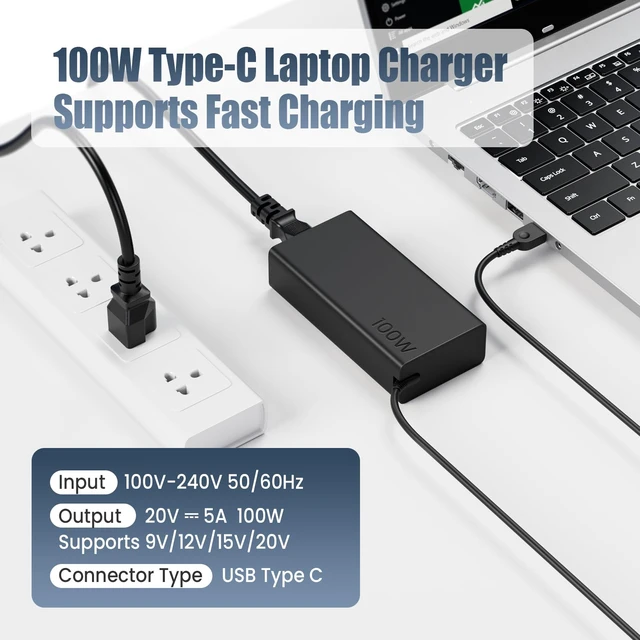 Alt view image 3 of 7 - 100W USB C Charger for Lenovo ThinkPad X1 Carbon T14 T14s E14 Yoga 7i 9i, HP Spectre x360 Envy x360 EliteBook 840 - Slim Type C PD 100W Power Adapter