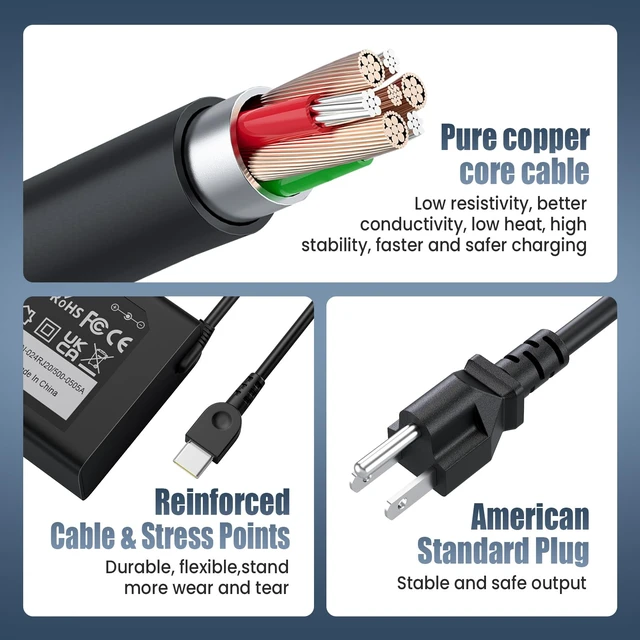 Alt view image 6 of 7 - 100W USB C Charger for Lenovo ThinkPad X1 Carbon T14 T14s E14 Yoga 7i 9i, HP Spectre x360 Envy x360 EliteBook 840 - Slim Type C PD 100W Power Adapter