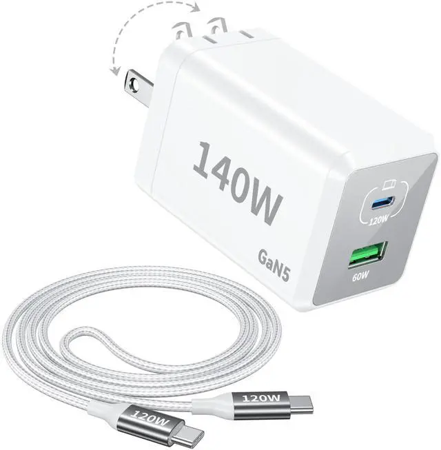 Main image of Mac Book Pro Charger - 140W 2 Port Foldable USB C Charger Fast Charging Compatible with for Mac Book,M1 M2 M3 M4 M5.iPad/iPhone 17/16 Series, Samsung Galaxy, Pixel, Include 5 FT Charge Cable