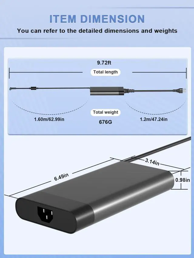 Alt view image 6 of 7 - 200W Charger Compatible with HP Omen 15 16 17 Victus 15 16 Pavilion 15 16 17 Envy 15 16 17 ZBook Create/Firefly/Fury/Power Studio G11 G10 G9 G8 Laptop