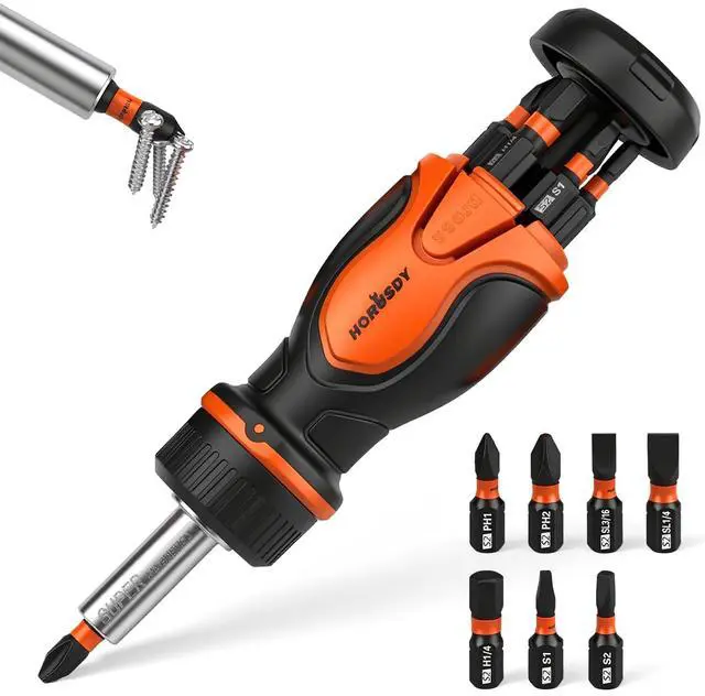 Main image of Magnetic Portable Screwdriver Bit Set: 8-in-1 Ratcheting Screw Driver Includes 1/4Bit Driver Holder, 7 Screwdriver Bits with Phillips, Slotted, Square, Hex, for Garage & Daily Repair