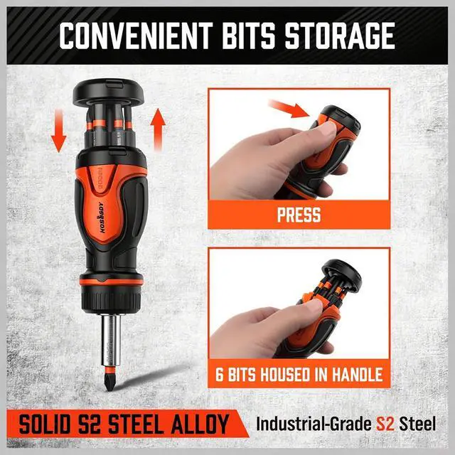 Alt view image 6 of 7 - Magnetic Portable Screwdriver Bit Set: 8-in-1 Ratcheting Screw Driver Includes 1/4Bit Driver Holder, 7 Screwdriver Bits with Phillips, Slotted, Square, Hex, for Garage & Daily Repair