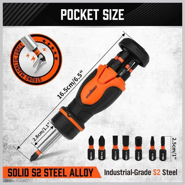 Alt view image 5 of 7 - Magnetic Portable Screwdriver Bit Set: 8-in-1 Ratcheting Screw Driver Includes 1/4Bit Driver Holder, 7 Screwdriver Bits with Phillips, Slotted, Square, Hex, for Garage & Daily Repair