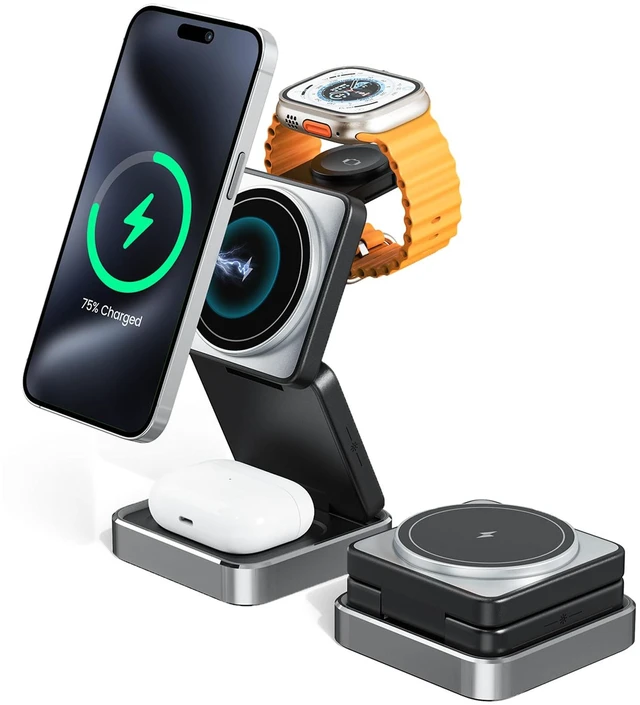 Main image of 3-in-1 Wireless Charger for iPhone,15W Fast Wireless Charging Station Compatible with Mag-Safe Charger,Magnetic Foldable Travel Charger Stand Nightstand for iPhone 17/16/15/14,Apple Watch&AirPods