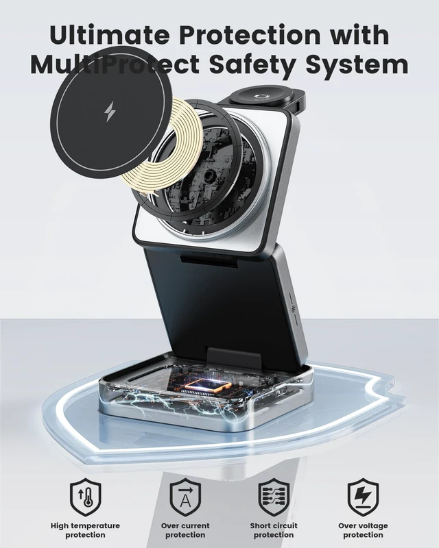 Alt view image 3 of 7 - 3-in-1 Wireless Charger for iPhone,15W Fast Wireless Charging Station Compatible with Mag-Safe Charger,Magnetic Foldable Travel Charger Stand Nightstand for iPhone 17/16/15/14,Apple Watch&AirPods