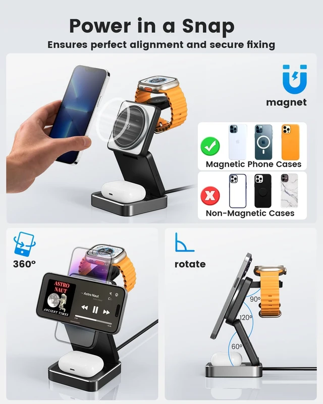 Alt view image 4 of 7 - 3-in-1 Wireless Charger for iPhone,15W Fast Wireless Charging Station Compatible with Mag-Safe Charger,Magnetic Foldable Travel Charger Stand Nightstand for iPhone 17/16/15/14,Apple Watch&AirPods