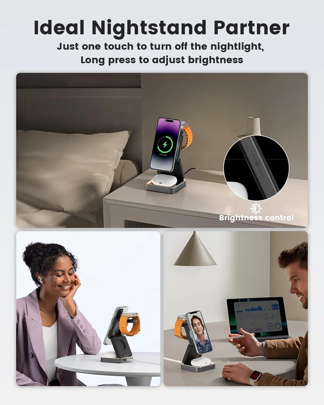Alt view image 6 of 7 - 3-in-1 Wireless Charger for iPhone,15W Fast Wireless Charging Station Compatible with Mag-Safe Charger,Magnetic Foldable Travel Charger Stand Nightstand for iPhone 17/16/15/14,Apple Watch&AirPods