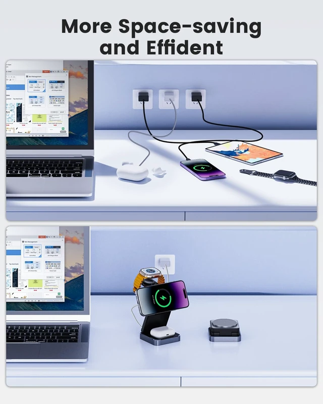 Alt view image 5 of 7 - 3-in-1 Wireless Charger for iPhone,15W Fast Wireless Charging Station Compatible with Mag-Safe Charger,Magnetic Foldable Travel Charger Stand Nightstand for iPhone 17/16/15/14,Apple Watch&AirPods