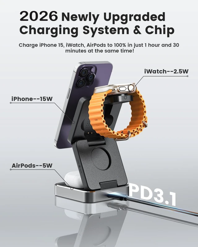 Alt view image 7 of 7 - 3-in-1 Wireless Charger for iPhone,15W Fast Wireless Charging Station Compatible with Mag-Safe Charger,Magnetic Foldable Travel Charger Stand Nightstand for iPhone 17/16/15/14,Apple Watch&AirPods