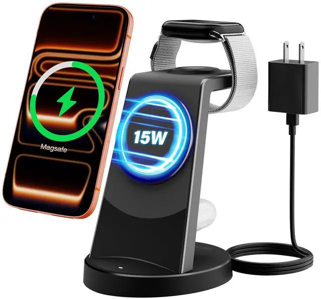 Main image of 3-in-1 Magnetic Wireless Charger Stand for Apple, 15W Fast Charging Station for iPhone 17 16 15 14 13 Pro Max, AirPods, Watch-Desktop Stand with Sleep-Friendly Light, Ideal for Bedside & Desk