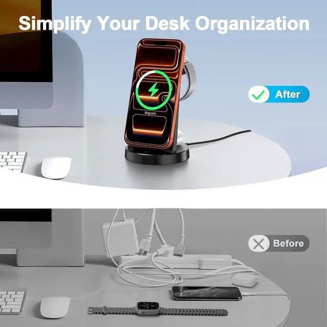 Alt view image 6 of 7 - 3-in-1 Magnetic Wireless Charger Stand for Apple, 15W Fast Charging Station for iPhone 17 16 15 14 13 Pro Max, AirPods, Watch-Desktop Stand with Sleep-Friendly Light, Ideal for Bedside & Desk