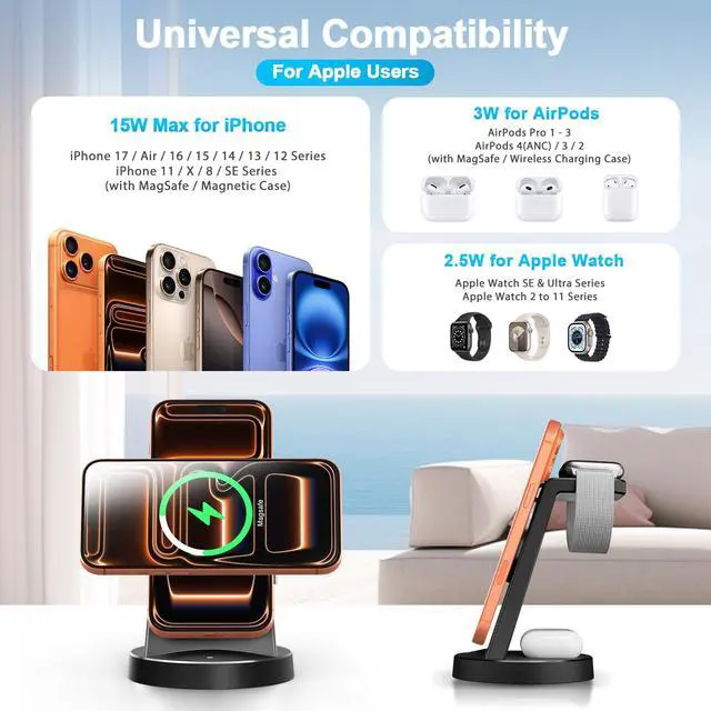 Alt view image 2 of 7 - 3-in-1 Magnetic Wireless Charger Stand for Apple, 15W Fast Charging Station for iPhone 17 16 15 14 13 Pro Max, AirPods, Watch-Desktop Stand with Sleep-Friendly Light, Ideal for Bedside & Desk