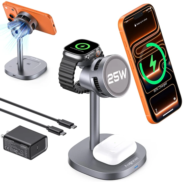 Main image of 25W Qi2.2-Certified Wireless Charging Stand TEC Cooling High-Grade Alloy | 3 in 1 Fast Magnetic Wireless Charger Compatible with Magsafe, iPhone17/16/15/14/13/12, Apple Watch/AirPods,for Desk
