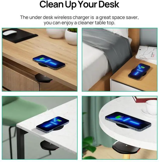 Alt view image 2 of 7 - Invisible Wireless Charger,30mm Under Desk Charger Mat, Furniture Table Nightstand Desktop Charging Station for iPhone17/16/15/14/13/12/Samsung/LG/Google Pixel Desk Essentials(with QC Adapter)
