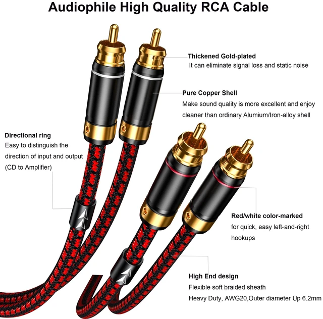 Alt view image 3 of 7 - Auidophile 2RCA Male to 2RCA Male Stereo Audio Cable,Gold Plated 4N Oxgen-Free Copper Core (3 Feet (1M))