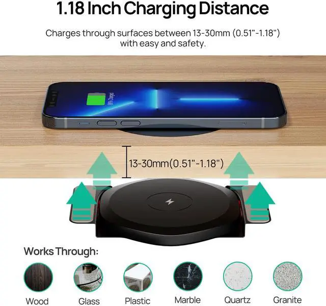 Alt view image 4 of 7 - Invisible Wireless Charger,30mm Under Desk Charger Mat, Furniture Table Nightstand Desktop Charging Station for iPhone17/16/15/14/13/12/Samsung/LG/Google Pixel Desk Essentials(with QC Adapter)