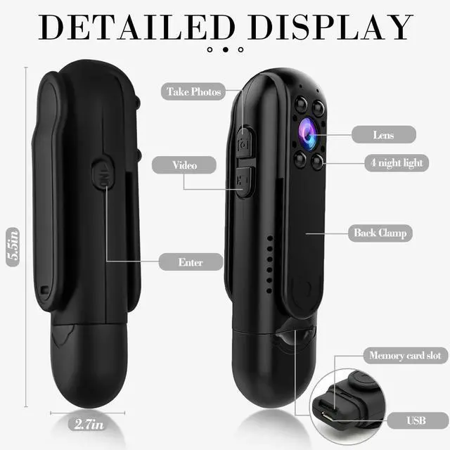 Alt view image 3 of 6 - Mini Body Camera with Audio and Video Recording HD 1080P Body Cam, 32GB Wearable POV Camcorder for Civilians, Outdoor Sports