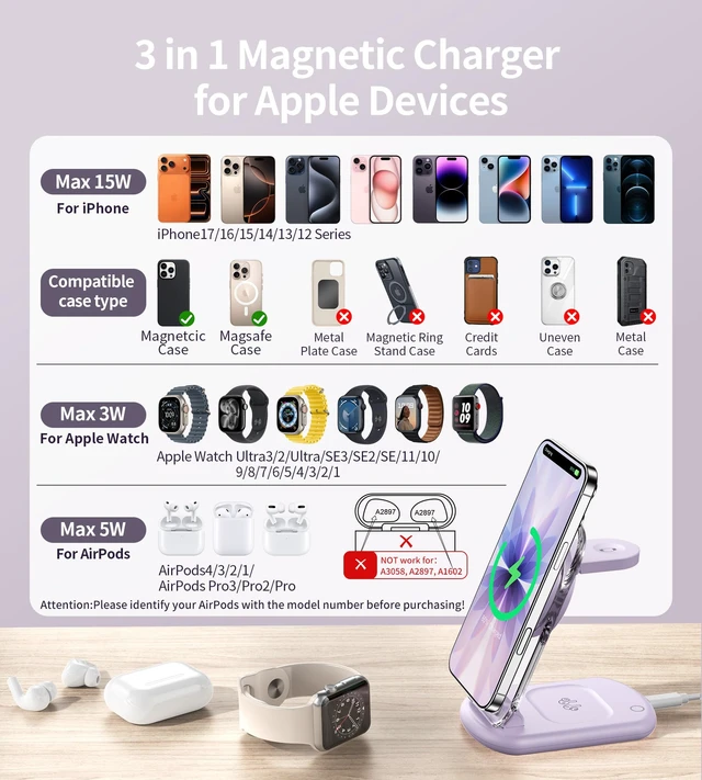 Alt view image 2 of 7 - 3 in 1 Magnetic Wireless Charging Station for Apple Devices | Fast Travel Charger Stand with Night Light for MagSafe-enabled iPhone 17 16 15 14 13 12 Series, Apple Watch/AirPods Pro, PU