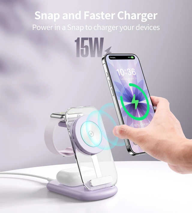 Alt view image 4 of 7 - 3 in 1 Magnetic Wireless Charging Station for Apple Devices | Fast Travel Charger Stand with Night Light for MagSafe-enabled iPhone 17 16 15 14 13 12 Series, Apple Watch/AirPods Pro, PU