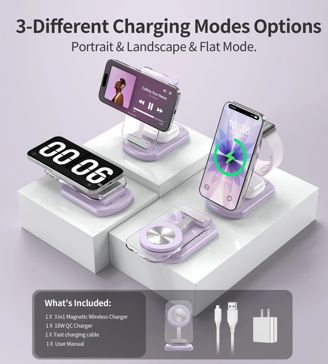 Alt view image 5 of 7 - 3 in 1 Magnetic Wireless Charging Station for Apple Devices | Fast Travel Charger Stand with Night Light for MagSafe-enabled iPhone 17 16 15 14 13 12 Series, Apple Watch/AirPods Pro, PU