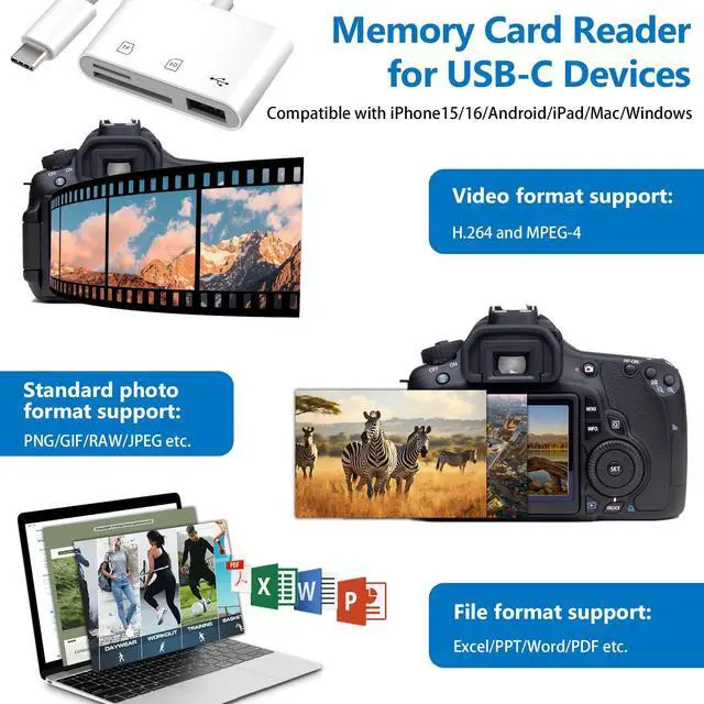 Alt view image 3 of 7 - USB C SD Card Reader, SD Card Reader for iPhone 15 16 iPad/Mac/Android Devices, 3 in 1 Memory Card Reader with SD/MicroSD & USB Port, Plug and Play