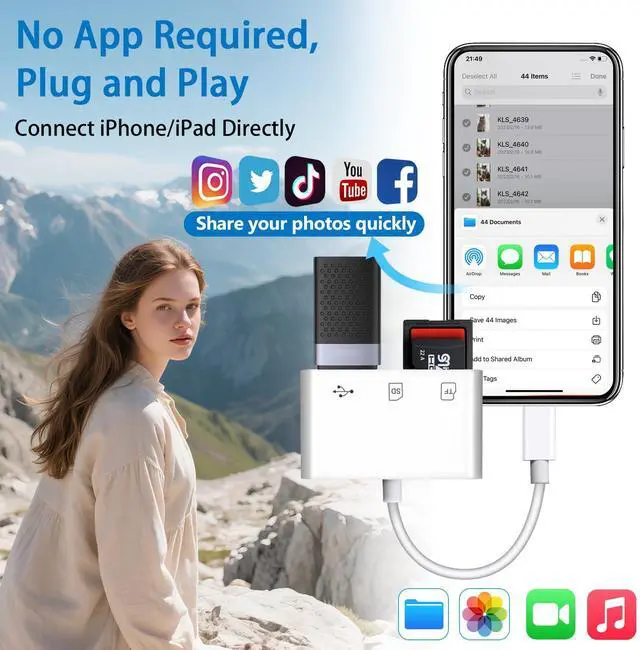 Alt view image 6 of 7 - USB C SD Card Reader, SD Card Reader for iPhone 15 16 iPad/Mac/Android Devices, 3 in 1 Memory Card Reader with SD/MicroSD & USB Port, Plug and Play
