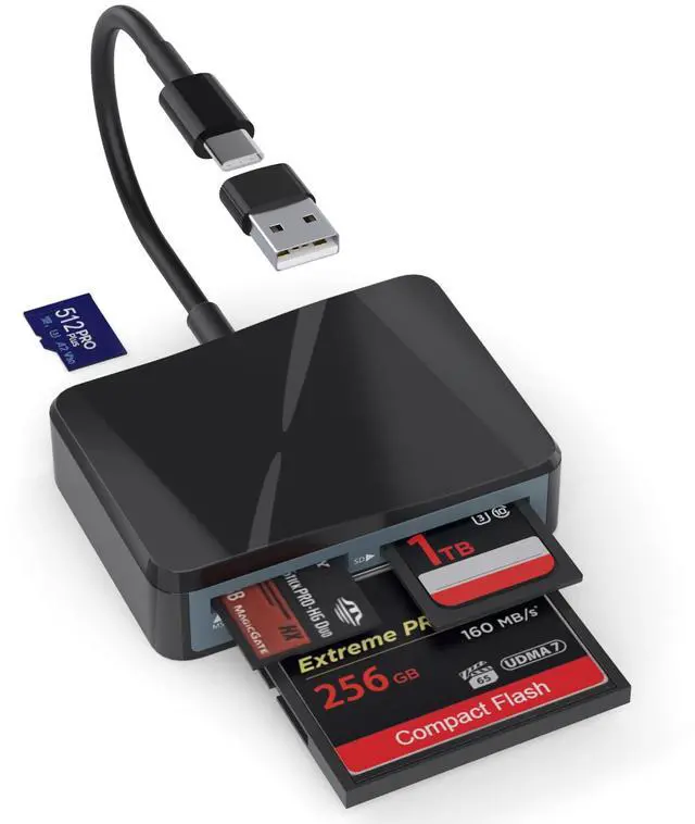 Main image of SD Card Reader, 4 in 1 USB C to SD/TF/CF/MS Card Reader with USB to USB C Adapter Memroy Card Reader for iPhone 17/16/15 Pro Max iPad Pro MacBook Pro/Air iMac M4/M3/M2 Android Phone/Tablet PC (Black)