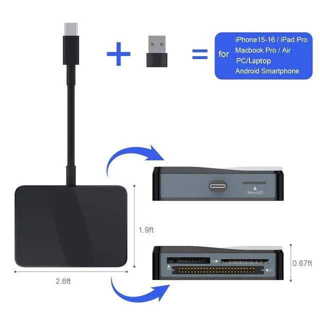 Alt view image 4 of 7 - SD Card Reader, 4 in 1 USB C to SD/TF/CF/MS Card Reader with USB to USB C Adapter Memroy Card Reader for iPhone 17/16/15 Pro Max iPad Pro MacBook Pro/Air iMac M4/M3/M2 Android Phone/Tablet PC (Black)