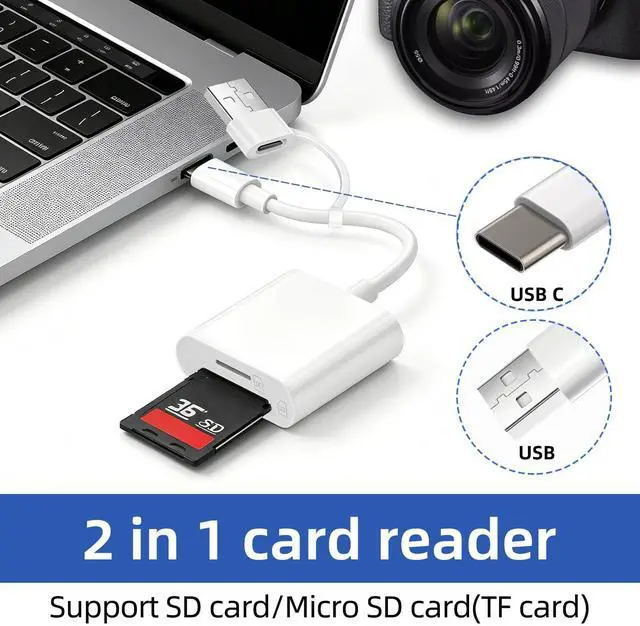 Alt view image 3 of 4 - USB C SD Card Reader, USB SD Card Reader, Supports SD and Micro SD Memory Card Adapters for iPhone 15 16 17/iPad/MacBook/Mac, with USB to USB C Adapter