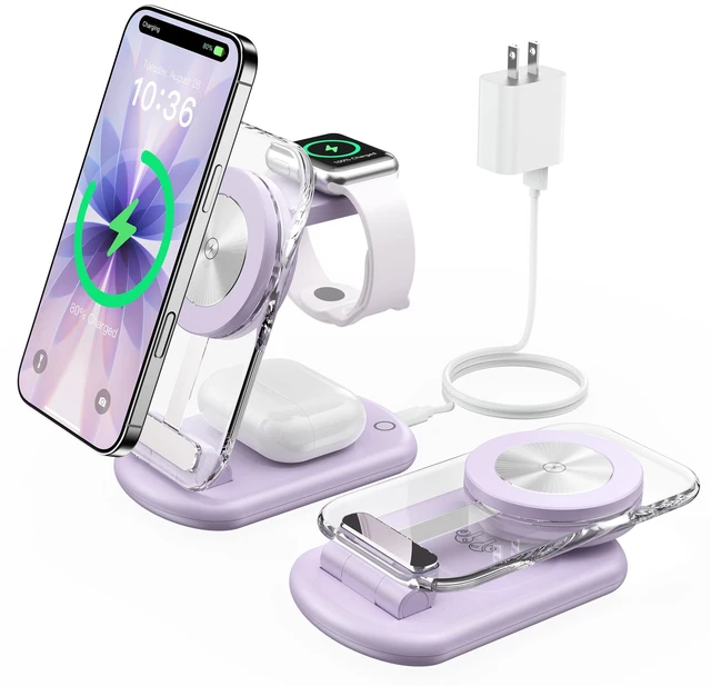 Main image of 3 in 1 Magnetic Wireless Charging Station for Apple Devices | Fast Travel Charger Stand with Night Light for MagSafe-enabled iPhone 17 16 15 14 13 12 Series, Apple Watch/AirPods Pro, PU