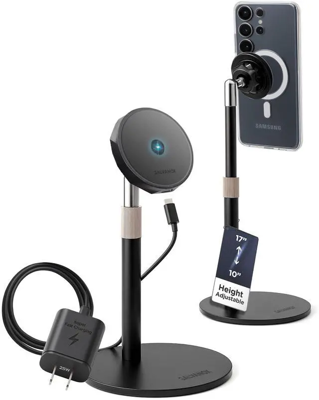 Main image of Magnetic Wireless Charging Stand for Samsung Phones - Fully Adjustable Height and Angle Desktop Charger with Super-Fast 25W Wall Adapter and USB-C Cable (Black)
