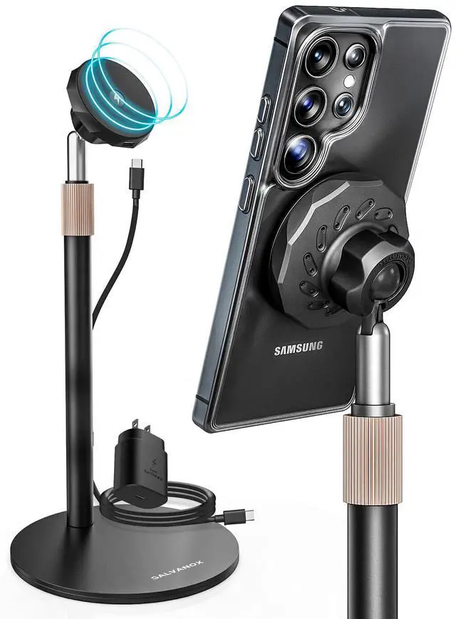 Alt view image 4 of 7 - Magnetic Wireless Charging Stand for Samsung Phones - Fully Adjustable Height and Angle Desktop Charger with Super-Fast 25W Wall Adapter and USB-C Cable (Black)