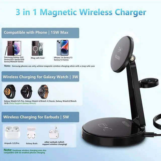 Alt view image 2 of 7 - Wireless Charger for Samsung | 3-in-1 Charging Station for Samsung Galaxy S25/S24/S23/S22 & Watch 7/6/5/Buds | MagSafe Charger for iPhone 16/15/14/13/12 | Compatible with Apple AirPods