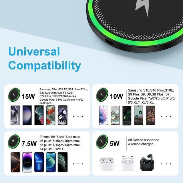 Alt view image 7 of 7 - 15W Wireless Samsung S26 Ultra Phone Charger Wireless Charger Pad Fast Charging for Android,Samsung Galaxy S26+ S25 FE Edge S24 S23 S22 S21 Z Fold7,Wireless Charging Station for iPhone 17 16e,Pixel 10