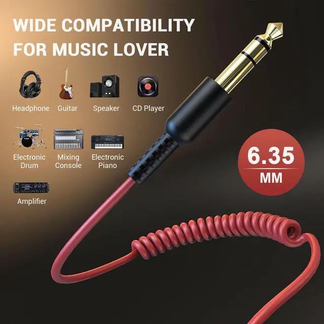 Alt view image 4 of 6 - Coiled 3.5mm to 6.35mm TRS Stereo Audio Cable, 6.9ft-9.8ft Stretchable, Gold-Plated Connectors, Spring Guitar/Amp/HiFi Aux Cord for Fusion A71