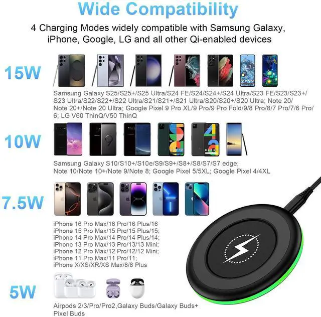 Alt view image 4 of 7 - Wireless Charger Pad for Samsung Galaxy S25 FE S25 Ultra S25 Edge S25 S24FE S23 S22 Z Flip7 FE Z Fold7,Wireless Phone Charger Fast Charging for iPhone 17/16/15/14/13/12,Google Pixel 10 Pro XL Fold 9 8