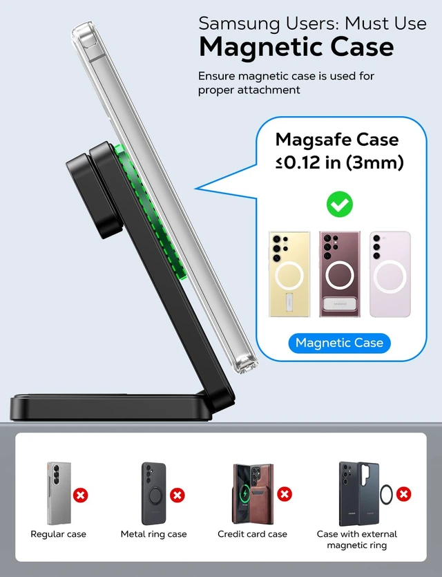 Alt view image 3 of 7 - Magnetic Foldable Wireless Charger for Samsung, 3 in 1 Mag-Safe Fast Charging Station for Galaxy S26 S25 S24 Ultra Plus/Z Fold/Z Flip 7 6 5, Charger Stand for Galaxy Watch Ultra 8 7 6 Classic & Buds
