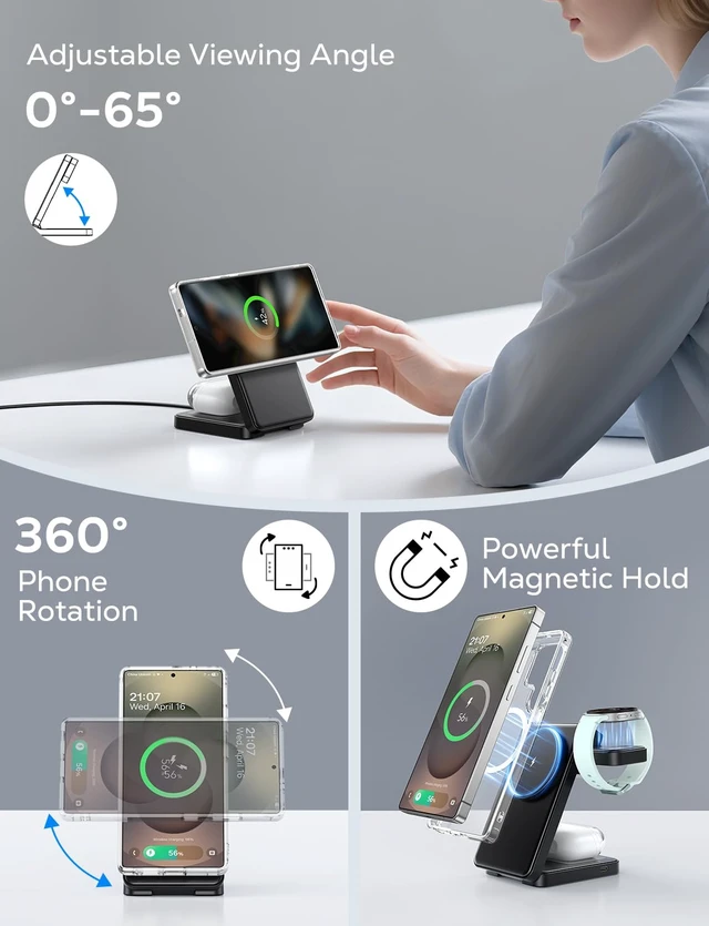 Alt view image 5 of 7 - Magnetic Foldable Wireless Charger for Samsung, 3 in 1 Mag-Safe Fast Charging Station for Galaxy S26 S25 S24 Ultra Plus/Z Fold/Z Flip 7 6 5, Charger Stand for Galaxy Watch Ultra 8 7 6 Classic & Buds