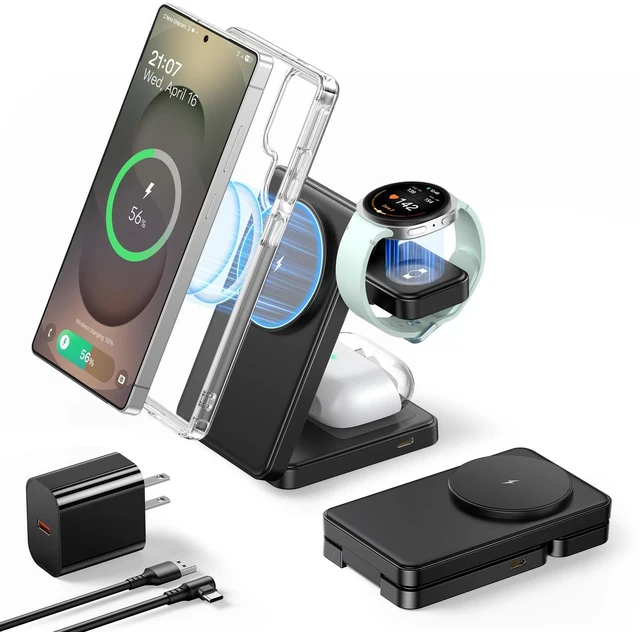 Main image of Magnetic Foldable Wireless Charger for Samsung, 3 in 1 Mag-Safe Fast Charging Station for Galaxy S26 S25 S24 Ultra Plus/Z Fold/Z Flip 7 6 5, Charger Stand for Galaxy Watch Ultra 8 7 6 Classic & Buds