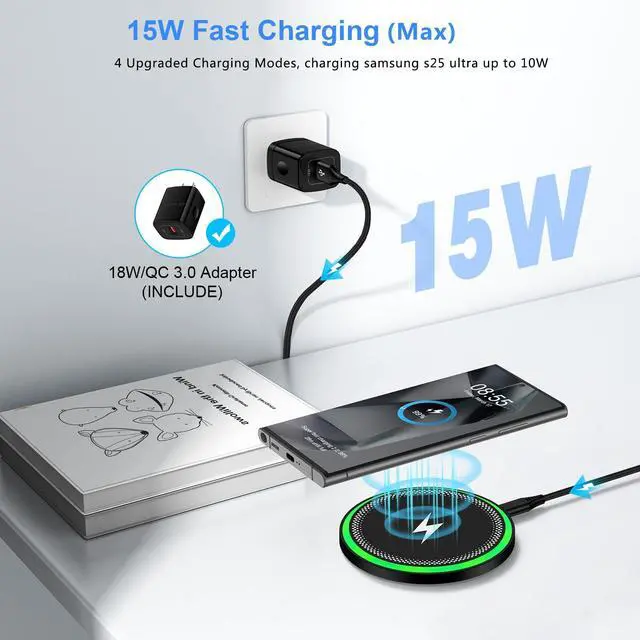 Alt view image 2 of 7 - 15W Fast Wireless Charger for Samsung Galaxy S25 Plus/S25 Ultra/S24 FE/S23/S22 S21 Z Flip Fold 6 5, Wireless Charging Pad Phone Charger Android Station with 18W Adapter for Google Pixel 9A 9 Pro XL 8a
