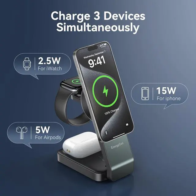 Alt view image 3 of 7 - 2026 3 in 1 Wireless Charging Station for Apple MagSafe Charger, Q2 15W Fast Magnetic Mag-Safe Charger Stand for iPhone 17 16 15 14 13 12 Apple Watch AirPods Series (30W USB-C Charger Included)