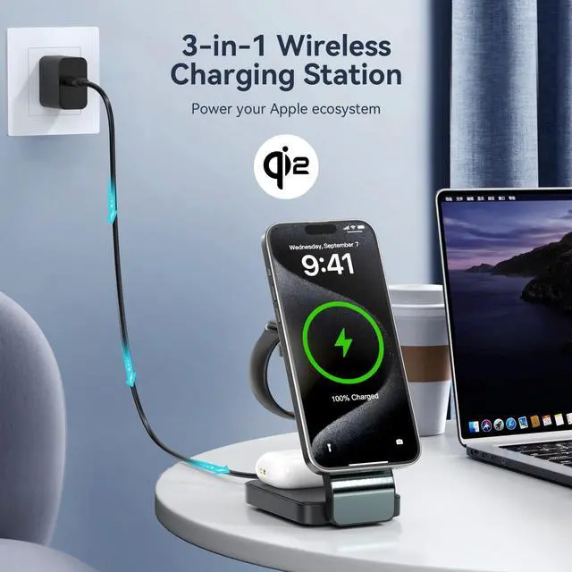 Alt view image 4 of 7 - 2026 3 in 1 Wireless Charging Station for Apple MagSafe Charger, Q2 15W Fast Magnetic Mag-Safe Charger Stand for iPhone 17 16 15 14 13 12 Apple Watch AirPods Series (30W USB-C Charger Included)
