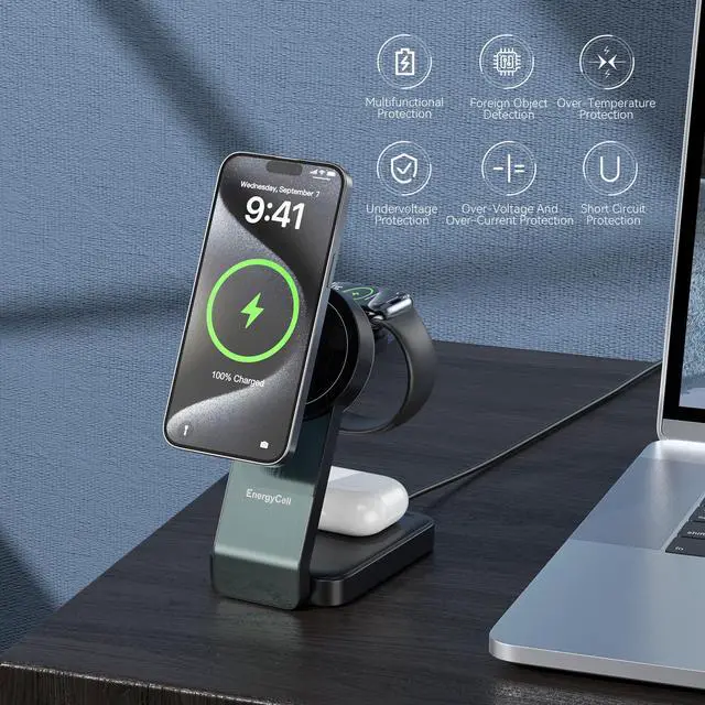Alt view image 6 of 7 - 2026 3 in 1 Wireless Charging Station for Apple MagSafe Charger, Q2 15W Fast Magnetic Mag-Safe Charger Stand for iPhone 17 16 15 14 13 12 Apple Watch AirPods Series (30W USB-C Charger Included)