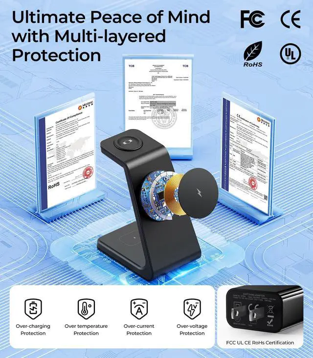 Alt view image 7 of 7 - 3 in 1 Wireless Charging Station for Apple Mag Safe Charger, 15W Fast Mag-Safe Charger Stand Compatible with iPhone 17 16 15 14 13 12, Apple Watch Charger & Airpods, Gifts for Wife & Husband, Black