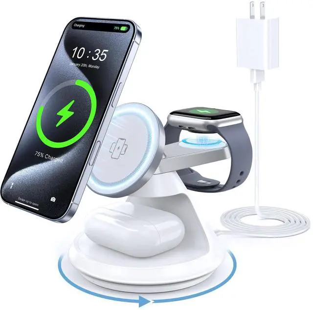 Main image of 3 in 1 Charging Station for Apple MagSafe Charger Compat, 15W Magnetic Wireless Charger Stand, 360° Rotating Dock, Wireless Charging Station for iPhone 17 16 15 14 13 12 Series for iWatch for AirPods