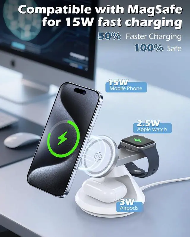 Alt view image 2 of 7 - 3 in 1 Charging Station for Apple MagSafe Charger Compat, 15W Magnetic Wireless Charger Stand, 360° Rotating Dock, Wireless Charging Station for iPhone 17 16 15 14 13 12 Series for iWatch for AirPods