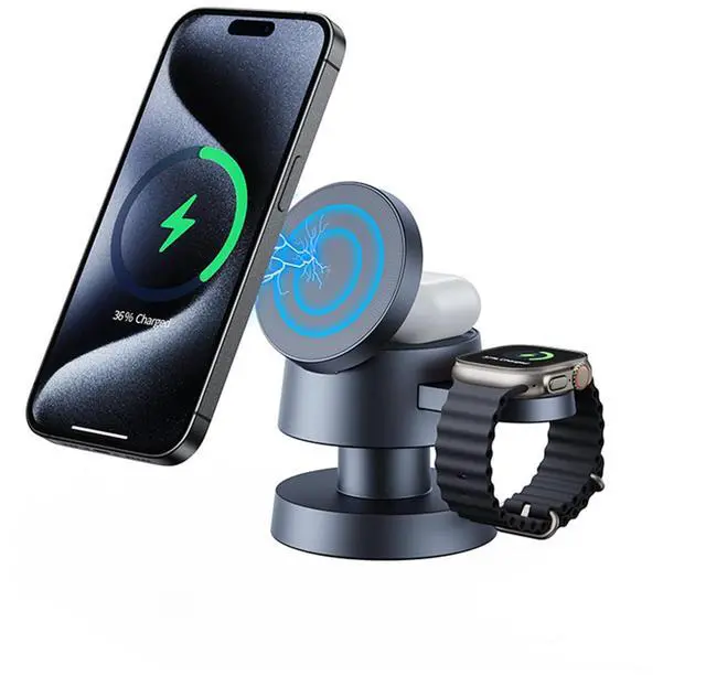 Main image of 3 in 1 Wireless Charging Station for Apple, Magnetic Charger Stand 15W Fast Mag-Safe Charger Stand for iPhone 16 15 14 13 12 for Apple Watch Adjustable Angle with Night-Lamp